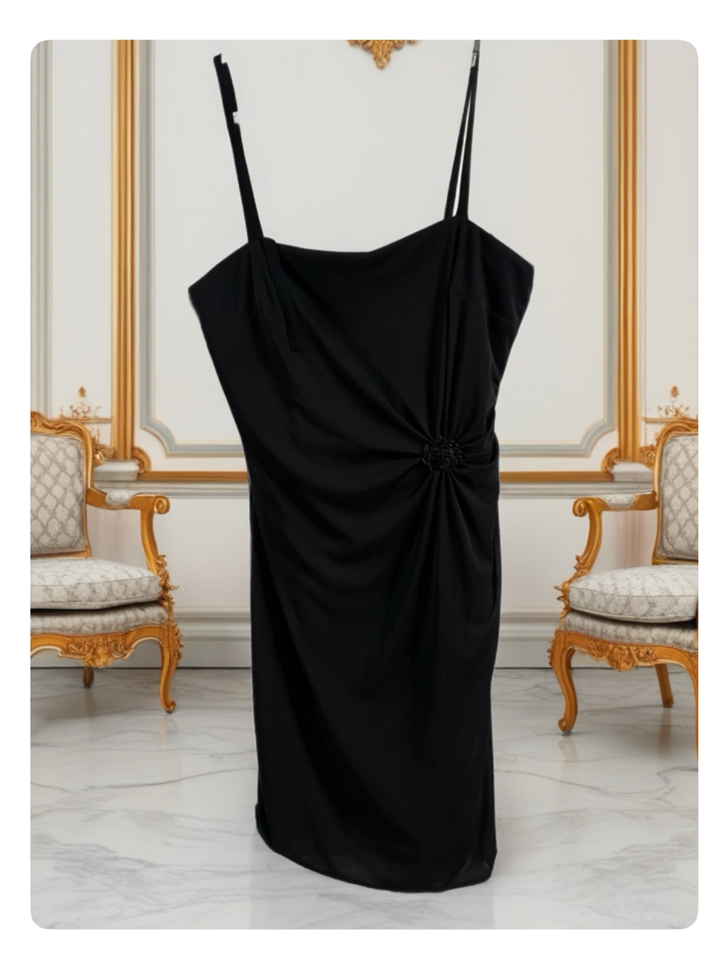 Kay Unger Black Gathered Midi Dress With Delicate Straps